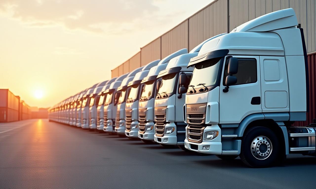 Modern logistics fleet of trucks lined up at sunset